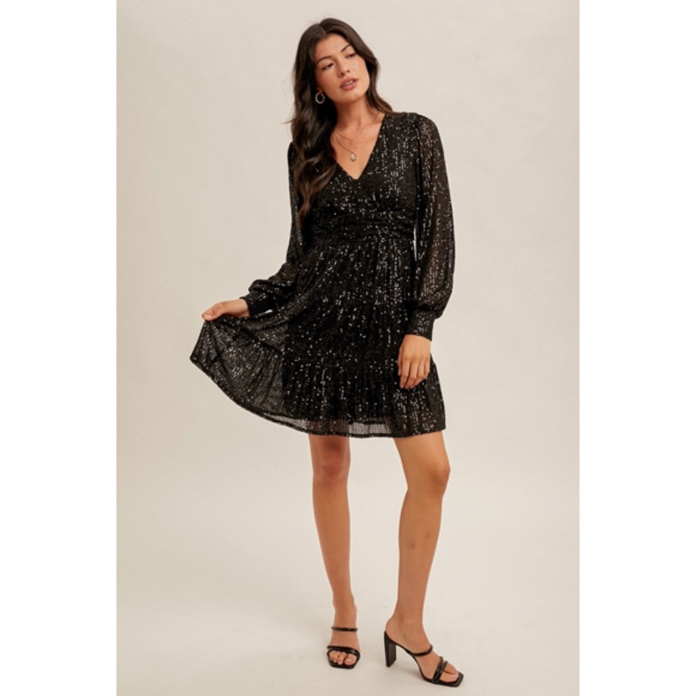 Black Metallic Sparkling Sequin Long Sleeve Tiered Holiday Cocktail Dress - Picture 2 of 5